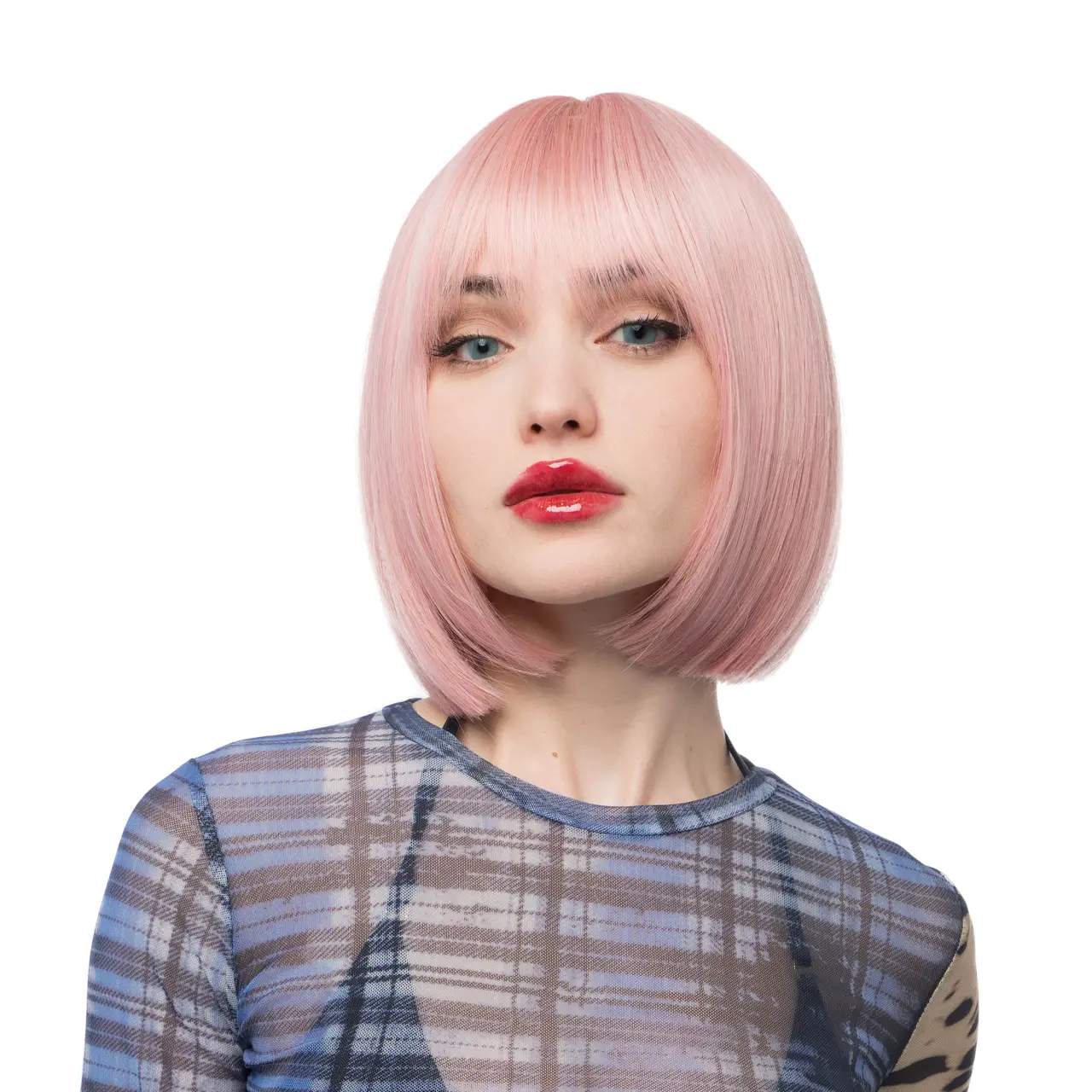 Pink Bob Wig Synthetic OUFEI Pink Bob Wig With Bangs Short Straight Wig For Women  main image 2