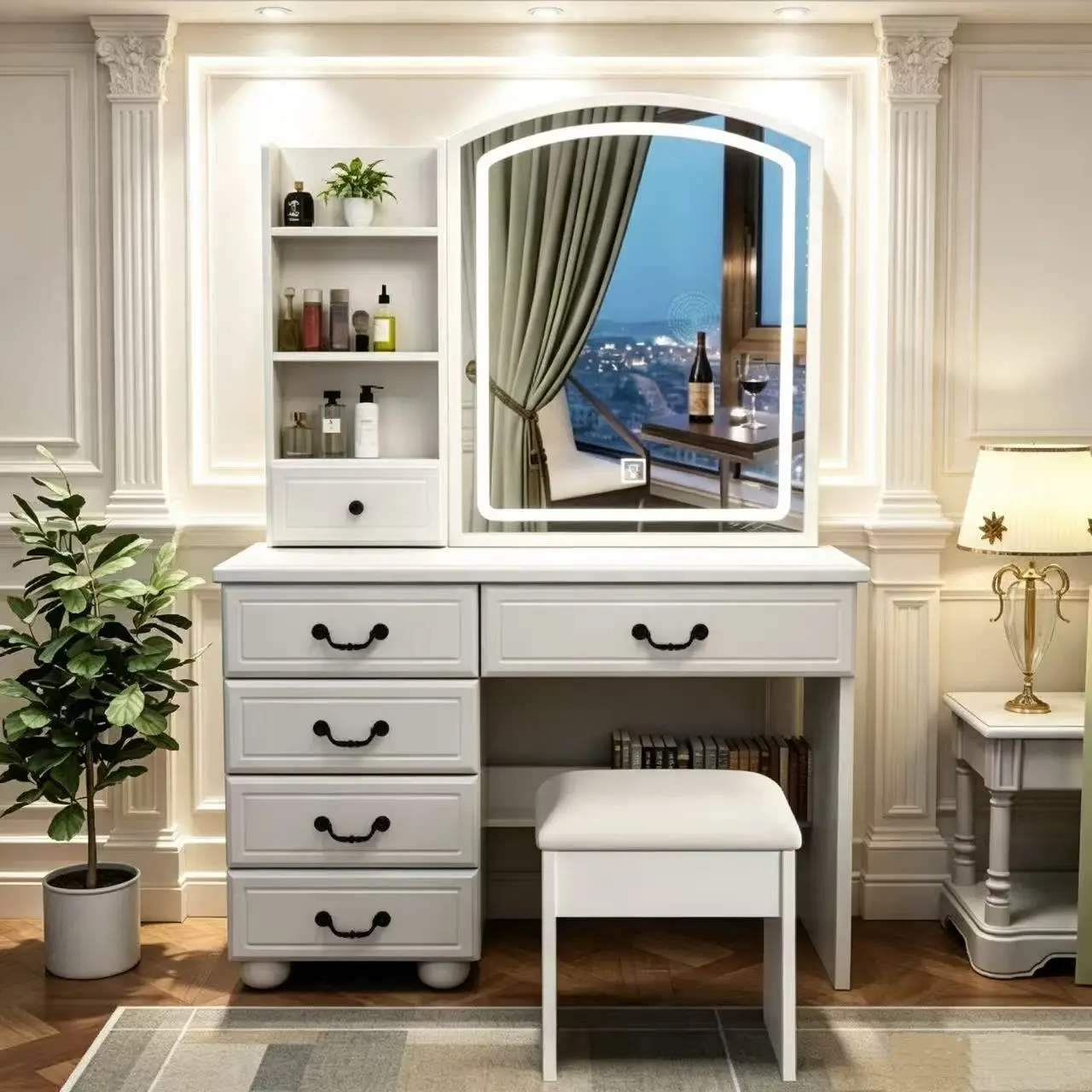 [Bellemave]Fashion Vanity Desk with Mirror and Lights for Makeup, Vanity Mirror with Lights and Table Set with 3 Color Lighting Brightness Adjustable, 6 Drawers, White Color  RR