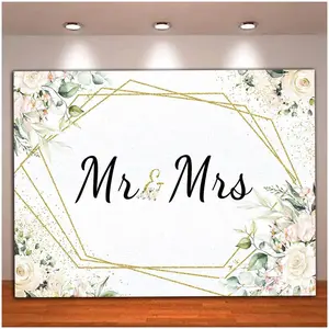 White Floral Wedding Backdrop Mr and Mrs Style Polyester Fabric Photography Background Wrinkle Resistant HD Print Bridal Shower Photo Booth Decor