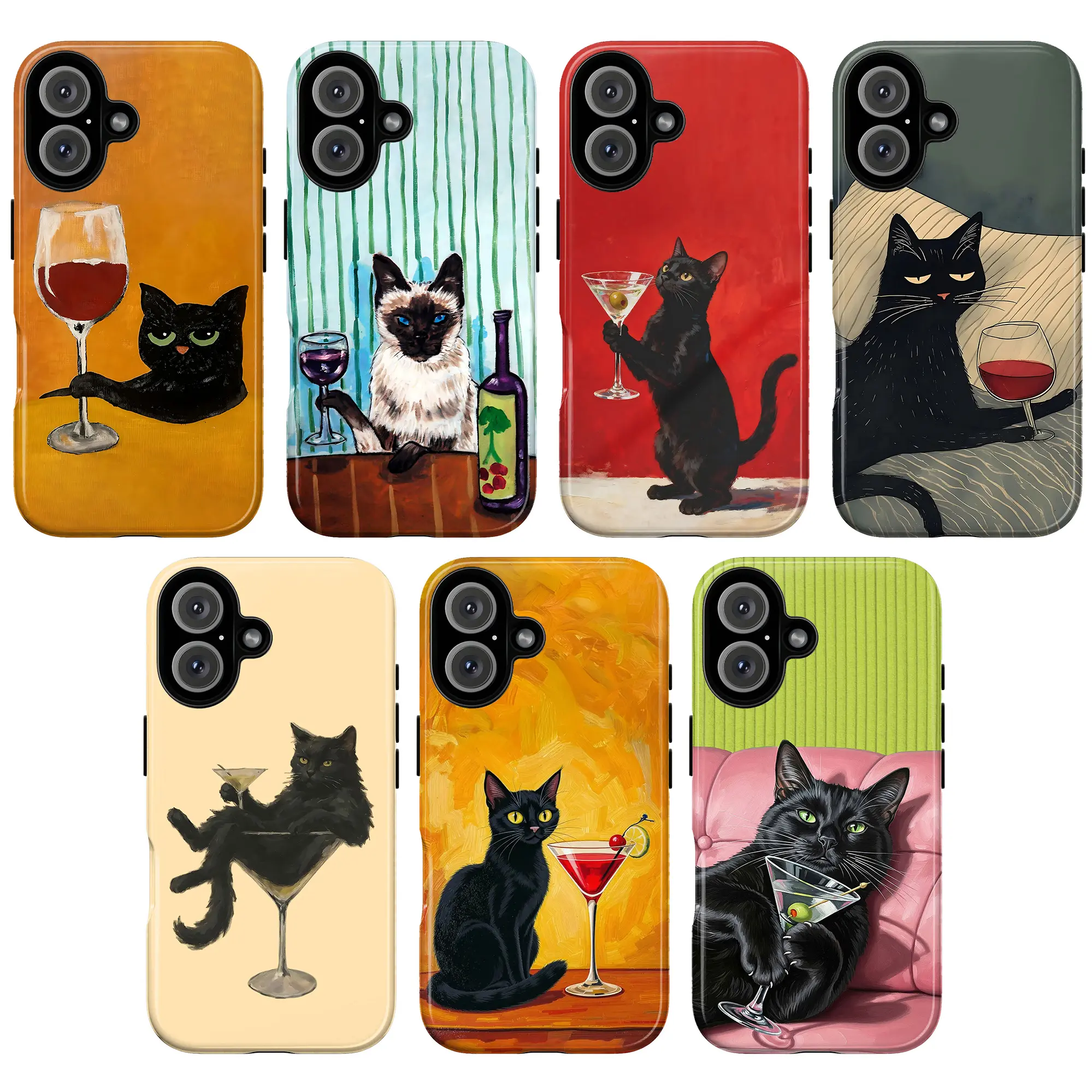 Fancy Cat Cocktail Phone Case – Vintage Black Cat Art Cover, Aesthetic Kitty Martini & Wine Design for iPhone 17 16 15 14 13 12 11 Pro Max XS XR & Samsung Galaxy S21–S25 Ultra, Cute Trendy Gift for Cat Lovers
