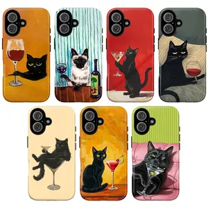 Fancy Cat Cocktail Phone Case – Vintage Black Cat Art Cover, Aesthetic Kitty Martini & Wine Design for iPhone 17 16 15 14 13 12 11 Pro Max XS XR & Samsung Galaxy S21–S25 Ultra, Cute Trendy Gift for Cat Lovers