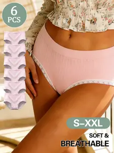 Women's Seamless Lace Trim Mid-Waist Panties, Comfortable Plain Design, Fitted Style for All Seasons, Sizes S-Xxl