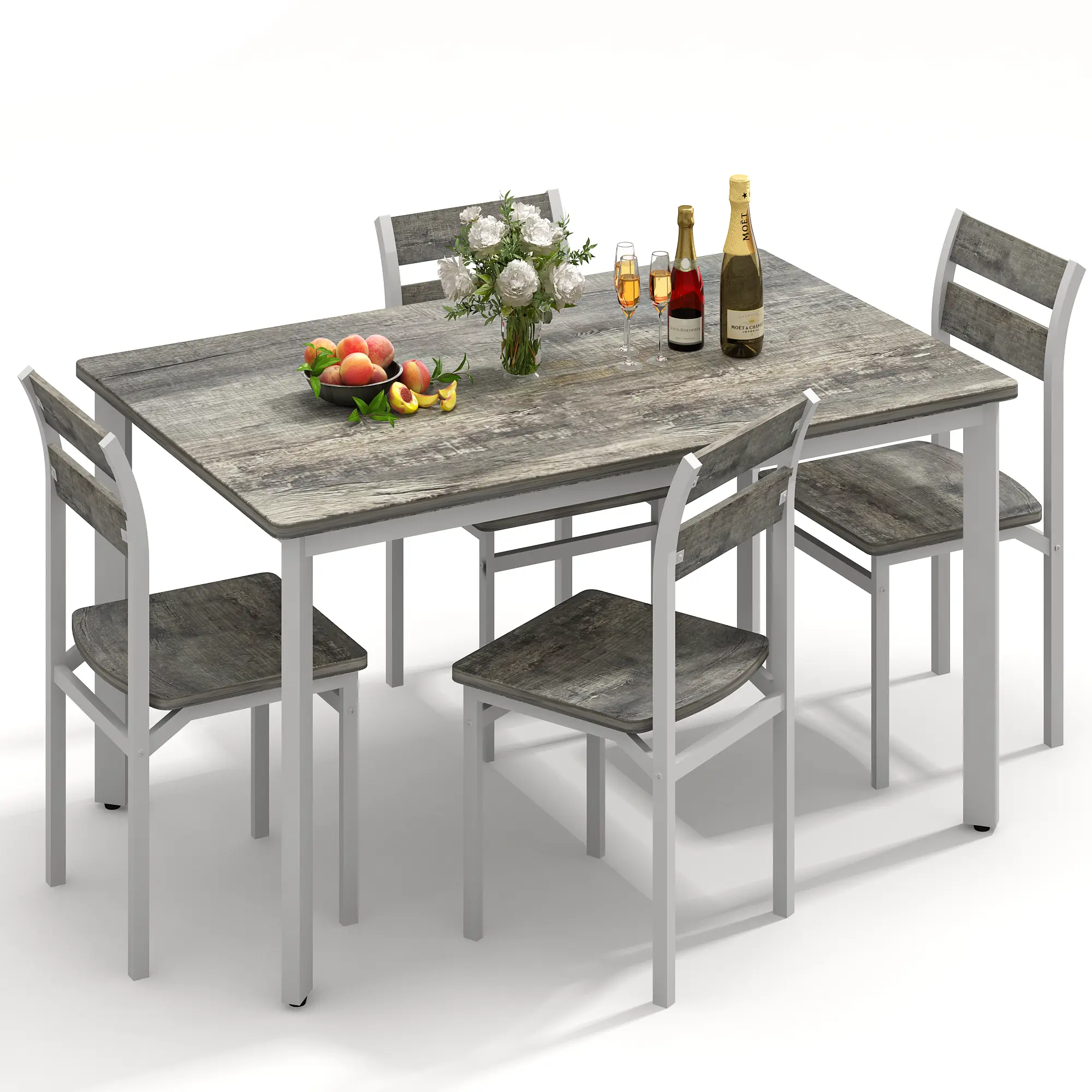 Hooseng 5-Piece Dining Table Set for 4 | Faux Wooden Top Table with 4 Chairs & White Metal Frame | Easy Assembly & All Tools Included | Compact Small Space Furniture for Kitchen, Apartment & Dining Nook