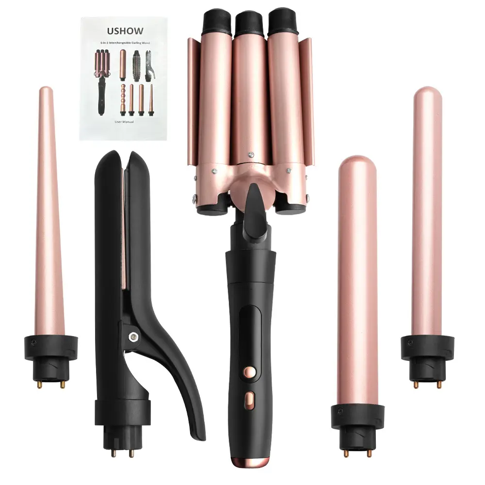 5-in-1 Adjustable Interchangeable Curling Wand Set with 3-Barrel Curler, Fast Heating, Fits All Hair Types, Creates Beach Waves/Tight Curls/Crimped Texture, Salon-Free Styling Tool
