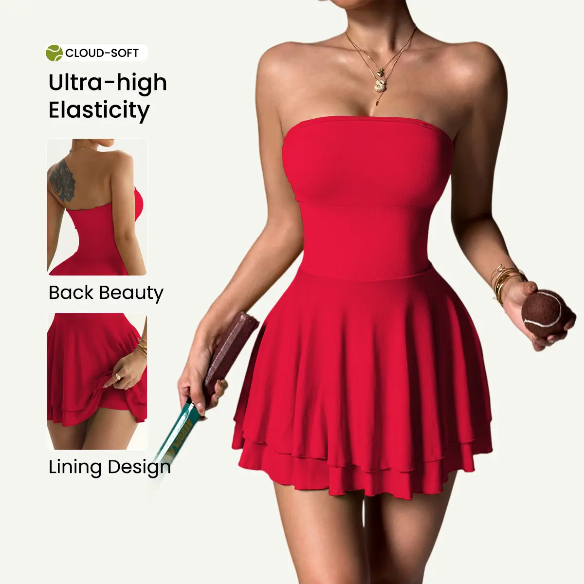 TCVC Strapless Red Tennis Dress for Women, Cloud-Soft High Elasticity Athletic Dress with Built-in Liner, 2-in-1 Workout Dress for Golf, Pickleball, Gym & Casual Wear
