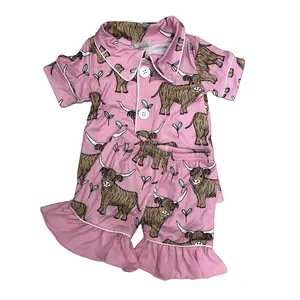 Coco Kids Clothing Girl Summer Pajamas Set Highland Cow Print Button Front Onesie 95% Cotton 5% Spandex Sleepwear