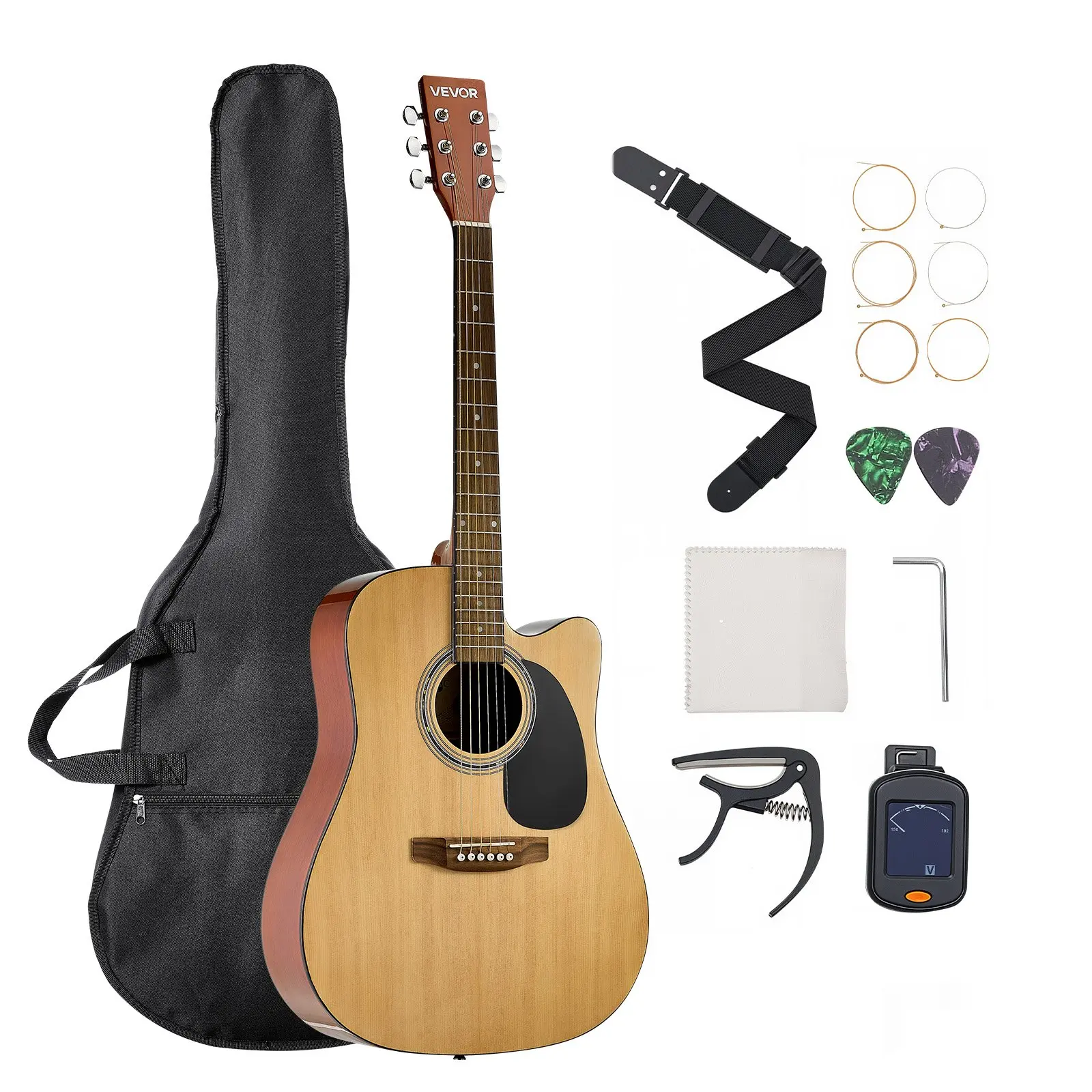 【DealsForYouDays】VEVOR Cutway Acoustic Guitar, 41 in 6-String, Natural Solid Spruce Top, Rosewood Fingerboard, Beginner Tool Kit with Gig Bag, Tuner, Strap, Steel Strings, Picks, Capo, for Fingerstyle Solo, Fathers Day, Mahogany, Jazz