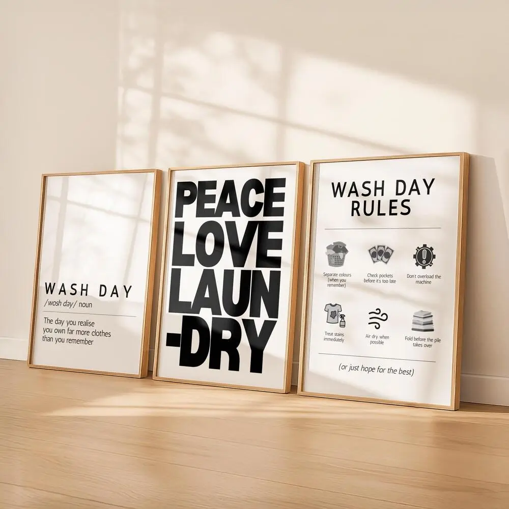 Laundry Room Wall Art Set of 3 Prints, Funny Wash Day Rules Sign, Peace Love Laundry Printable, Minimalist Laundry Decor, Utility Room Art