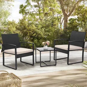 3-Piece Wicker Patio Bistro Set, Modern Rattan Sofa with Black Frame, Beige Cushions, Minimalist Square Coffee Table, Fast Assembly Outdoor Furniture, Patio Chairs Set,