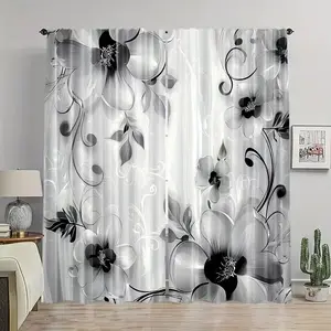 Bohemian Style Floral Sheer Curtains Set of 2, Light Filtering Insulation Half Shade Effect, Durable Polyester Material for Living Room Home Decor