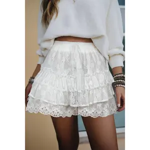 White Lace Ruffle Tiered Drawstring Elastic Waist Sweet Shorts