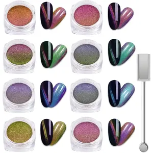 Laza 8 Colors Cat Eye Chrome Nail Powder Chameleon Magnetic Powder 3D Cat Eye Mirror Effect Pigment Dust Magic Galaxy Effect Glitter with Magnetic Stick for Velvet Nail Art - Discolor Candy