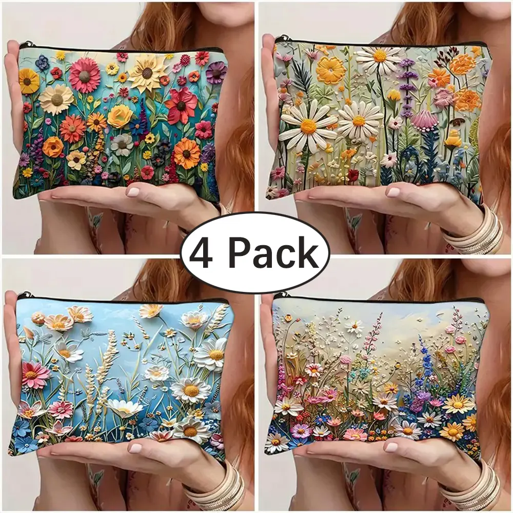 4 Pack Floral Makeup Bag For Mom Gifts, Small Cosmetic Pouch Gifts for Girls & Womens Flower lovers - Portable Travel Toiletry Organizer for Beauty Essentials
