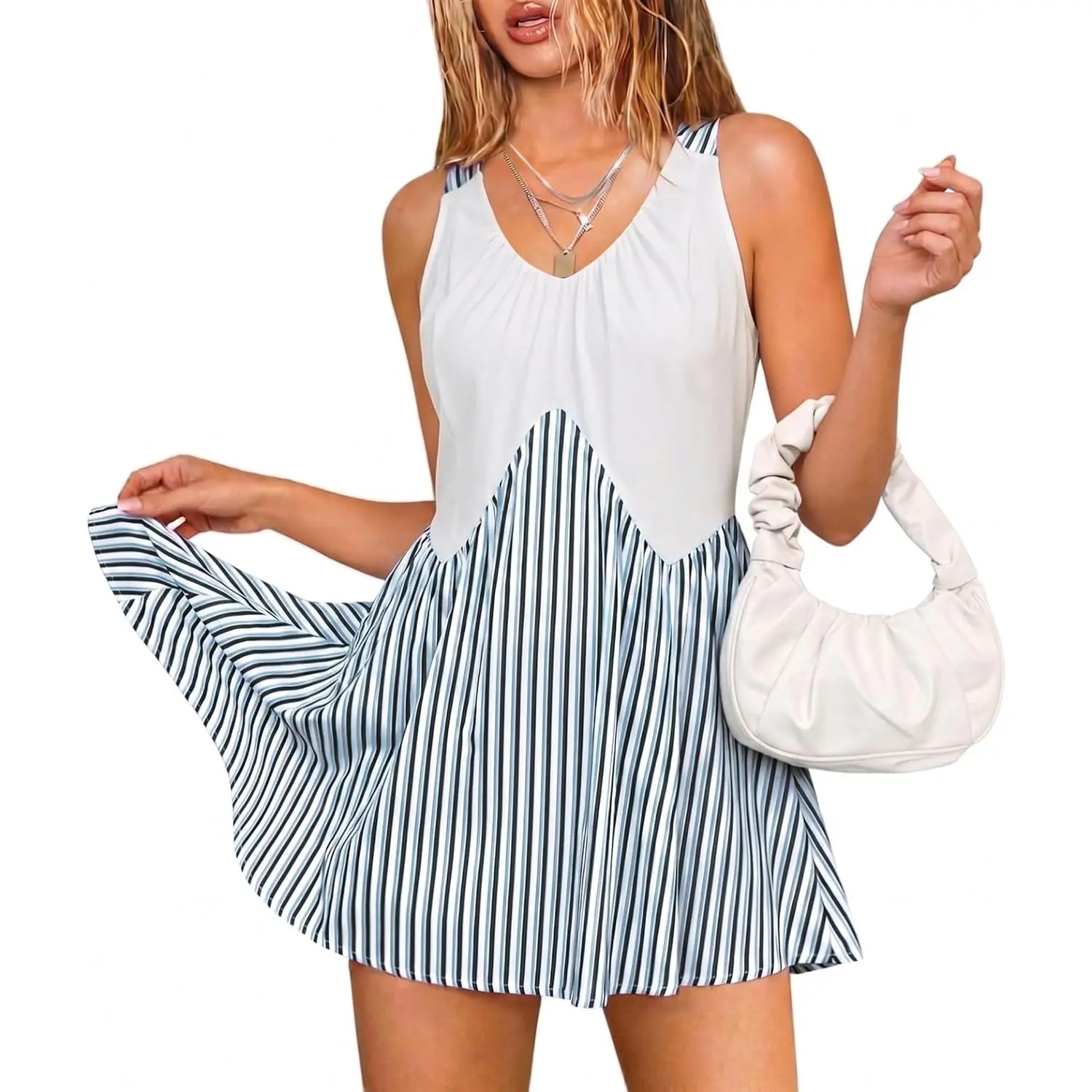 Women's Angashion Polyester Lightweight Stripe Sundress - Sleeveless V-Neck Mini, Flowy Chic Casual Loose Dress with Pockets for Summer Elegance, Comfortable