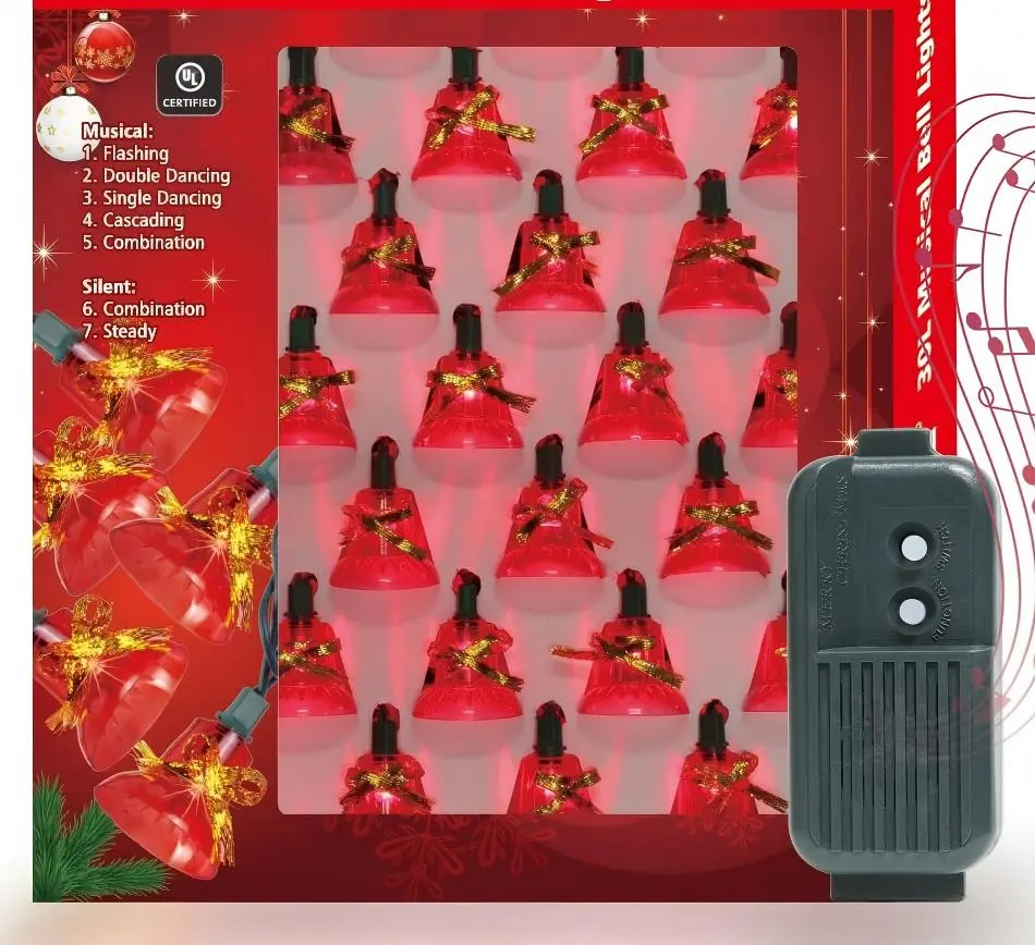 LAMPHOME 30 Lights Christmas Musical Bell String Lights, 25 Classical Holiday Songs, 7 Functions Red Incandescent Bulb Green Wire Light with Red Bells for Indoor Xmas Tree Decorations