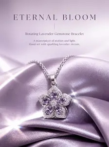 925 Sterling Silver Rotatable Purple Cubic Zirconia Flower Slider Bracelet, Kinetic Spinning Floral Charm, Hypoallergenic Anxiety Relief Jewelry for Women