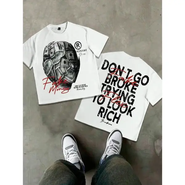 Youth and Adult Men's Hip Hop Street Style 2-Sides T-Shirt, Top with 'fake Money' Skull and 'don't Go Broke' Print, Casual Unisex Short Sleeve