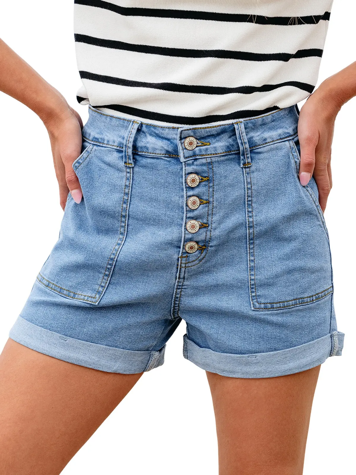 Sidefeel Womens Jean Shorts High Waisted Stretchy Buttoned Folded Hem Zimbaplatinum Denim Shorts DealsForYouDays summerwins WeeklyDeals Summer Outfit