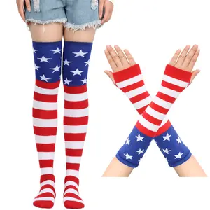 Women's Girls American Flag Over Knee High Thigh Socks Gloves Set Arm Leg Warmers