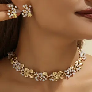 3-Piece Bohemian Jewelry Set for Women Earrings Necklace Imitation Pearl Leaf Party Engagement Summer Fashion Accessories