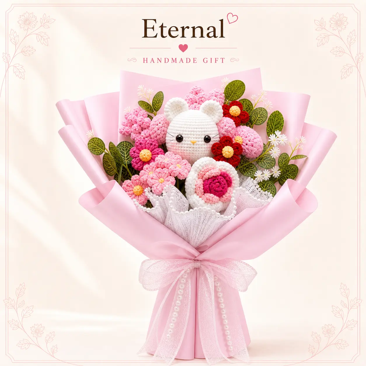 Timeless Handmade Crochet Cat Bouquet—soft, elegant knitted flowers perfect for Mother’s Day, Valentine’s Day, birthdays, weddings, and more; also ideal for room decor, tabletop displays, and creating a romantic atmosphere.