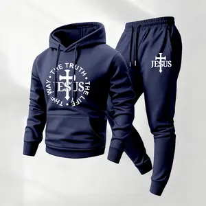 Men's Jesus Printed Hoodie and Drawstring Sweatpants Set, Menswear, Casual Athletic Long Sleeve Hooded Jacket & Trousers for Fall & Winter, Men's Clothing for Daily Wear, Sportswear Indoor Outdoor, Tracksuit, Athleisure Summer Clothes