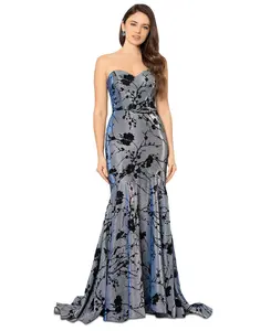 Blondie Nites Juniors Blue Silver Flocked Shine Strapless Gown Dress