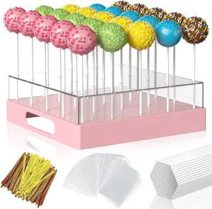25-Hole Cake Pop Stand with Sticks Kit - Clear Acrylic Display Holder for Candy Pops, Perfect for Birthday, Wedding & Party Decorations (Yellow, 1-Pack)