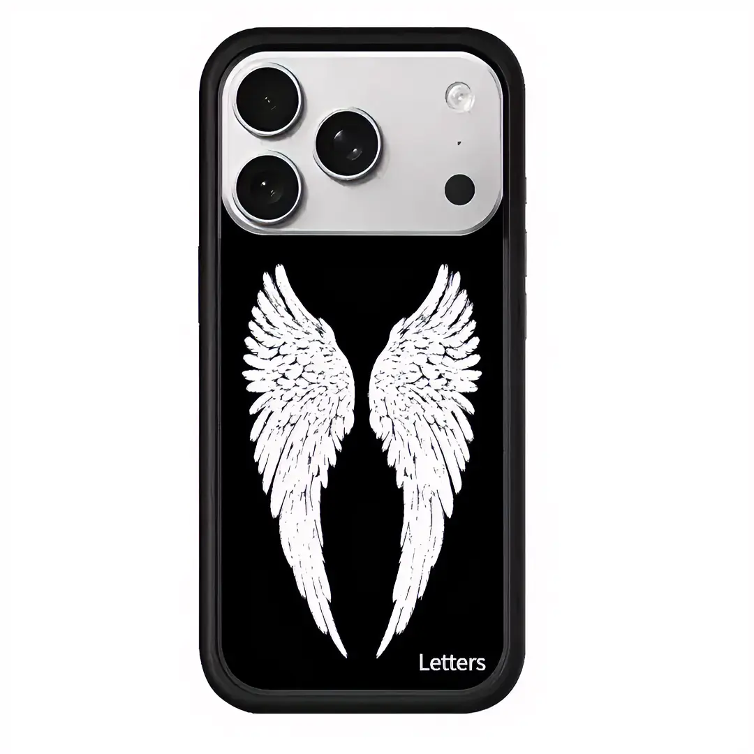 Black Low-White Angel Wings Hard Shockproof Smartphone Case - Customized Flush Mount Handheld Accessory for Full iPhone Line with Protection, Compatible with iPhone 13,14,15,16,16 ProMax,17 Series Devices, Cellphone