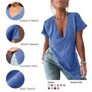 UNCLECAT Womens Deep V Neck T Shirts Oversized Side Split Summer Loose Sexy Tunic Tops