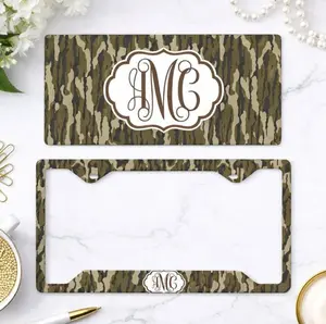 Camouflage Personalized Monogram License Plate & Frame Set, Hunting Camo Custom Initial Car Tag Cover, Rustic Outdoor Truck Gift for Him