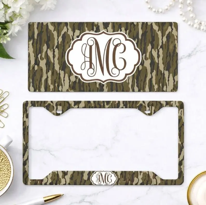 Camouflage Personalized Monogram License Plate & Frame Set, Hunting Camo Custom Initial Car Tag Cover, Rustic Outdoor Truck Gift for Him