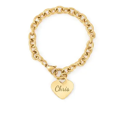 18K Gold PVD Personalized Stainless Steel Heart Bracelet — 7", 8", or 9"