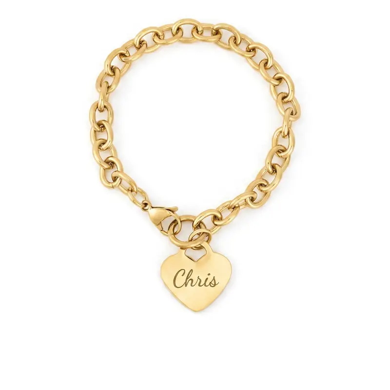 18K Gold PVD Personalized Stainless Steel Heart Bracelet — 7", 8", or 9"