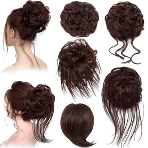 MOCA 5 PCS Messy Hair Bun Hairpiece Tousled Updo for Women 5 Pieces Messy Bun Straight Bun Hair Pieces Wavy Tousled Updo Ponytail Extensions Hair Scrunchies with Elastic Band for Daily Party Wear(Black/Chocolate Brown/Blonde)