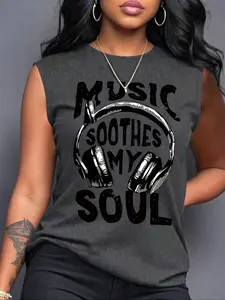 Women's Summer Casual Loose Vest, Letter and Earphone Print, Soft Comfortable Home Essential, Graphic Style, Perfect for Daily Wear