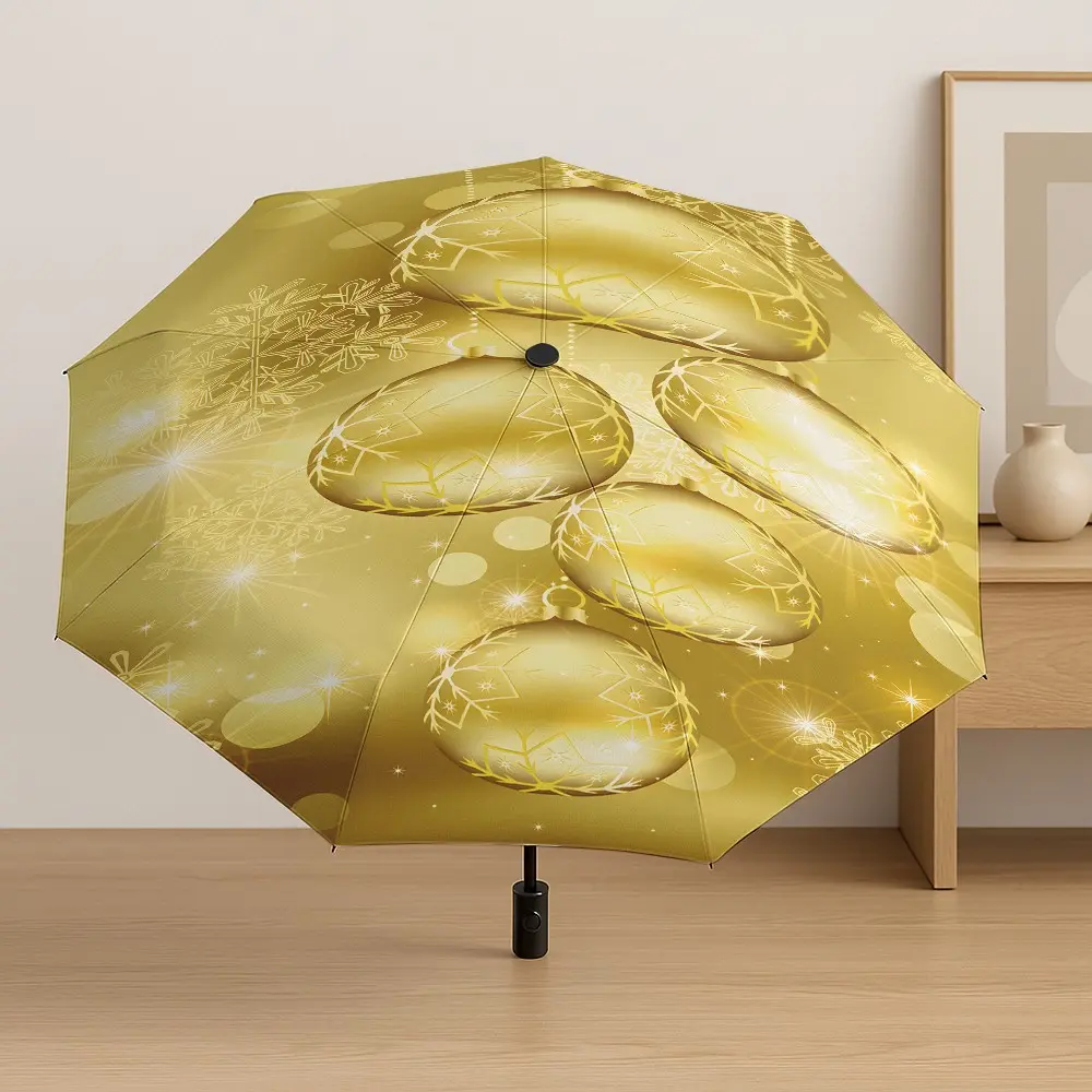 Golden Christmas Ball Snowflake Umbrella, Automatic Folding, 8-Rib Frame, Lightweight, Portable, Ideal for Halloween & Christmas Gifts