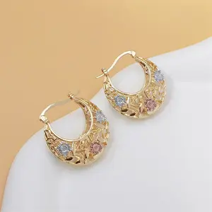 Vintage Flower Hoop Earrings for Women - 14K Gold Plated Tri-Color Filigree Basket Design, Elegant Statement Earrings for Daily Wear & Gift