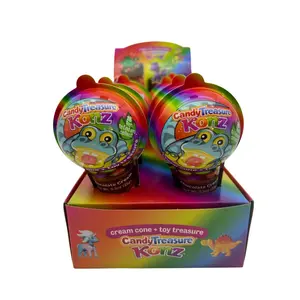 Candy Treasure Chocolate Cream Konz Topped with Candies and with Dino Toys I Tray of 10 - Surprise Candy with Toy Snack Bonbon Sweet