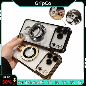 【Luxury Electroplated Edges】Protective Four Comers thicken Cushion Drop-proof Clear Platic magsafe  Phone Case Comes with Sticky Stand Olated Clear Bracket Phone Case for iPhone11-17 Cover with Kickstand Four Corners Cases clear kickstand.