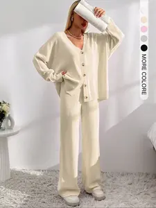 Women's Solid Color Button Front Cardigan & Wide Leg Pants Set, V Neck Long Sleeve Knit Sweater, Fall Winter Casual