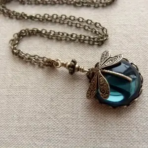 Vintage Victorian Style Handmade Necklace - Moon Dragonfly With White Faux Opal Jewelry Pendant Chains vintage jewelry