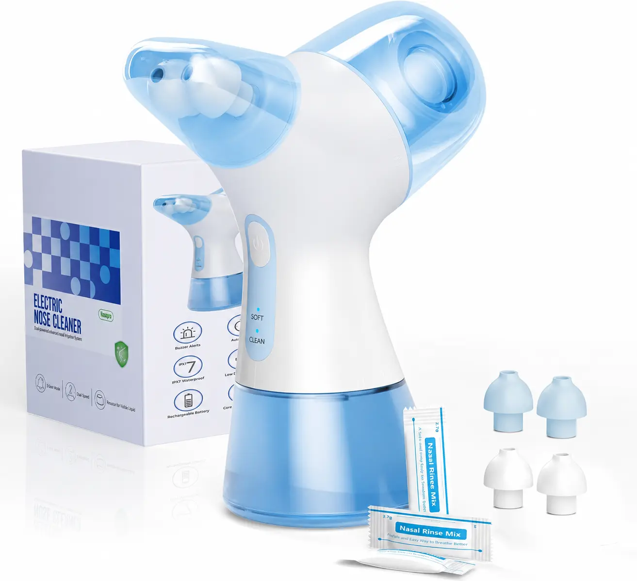 Nasal Irrigation System Dual Powered Nasal Rinse and Wash Sinus Decongestant Relief System Nasal Care, Rechargeable, Multi-User Design, 30 Saline Packets, 2 Nose Pillow Sets for Clinically Proven Benefits  Oral Silicone Adjustable Daily Nozzle Cleansing