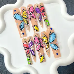 10 Pcs Ultra-Long Handmade Nails, Y2K Style, 3D Embossed Butterfly Design, Hand-Painted Butterflies, Perfect for Daily Wear and Parties, Nail Art Supplies