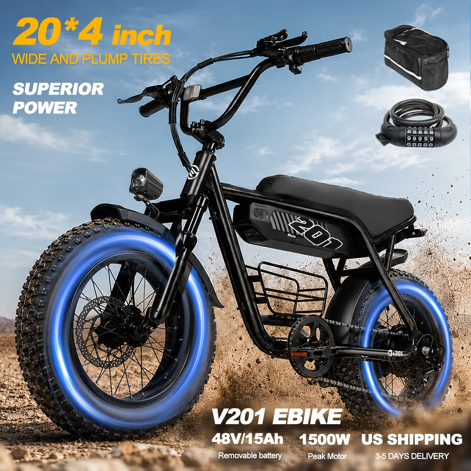 ESKUTE V201 Large Frame Ebike (V101 Upgrade), 1500W Motor Peak, 30-34MPH, 30-65-mi Range, 20"x4.0" Fat Tire All Terrain Dual Suspension Electric Bike for Adults, 48V 15.6Ah Battery, NFC Unlock, Shimano 7-Speed, Includes Bag & Lock, Ebikes