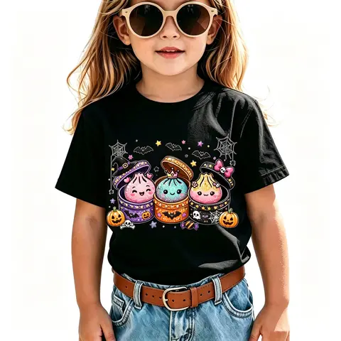 Kids' Clothing Girls Cartoon Print Tee - Halloween Fashion Short-Sleeve Printed Shirt with Spider Web, Bat, Little Cage, Witch Hat Patterns, Casual Wear for Cute Look