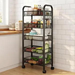 Garvee 5 Tier Rolling Cart, Storage Metal Rolling Cart with 4 Lockable Wheels- for Fruits Vegetables Snacks Bowl&Dishes, for Kitchen Living Room Bathroom, Black
