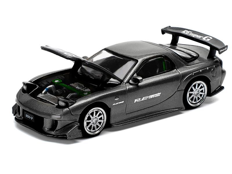 Mazda RX7 (FD) "RE Amemiya" Widebody RHD Gunmetal Gray Metallic with Carbon Hood 1/64 Diecast Model Car by Pop Race