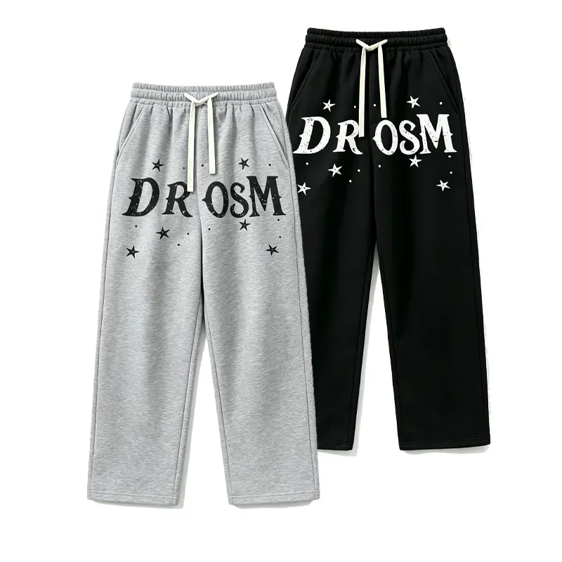 Men's Vintage Distressed Star DR OSM Letter Print Oversized Mid-Waist Polyester Sweatpants - Baggy Wide Leg, Elastic Waistband, Breathable Activewear for Hip Hop Street Casual - Men's Sportswear Bottoms
