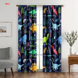 Cartoon Dinosaur Print Window Curtain, 2pcs Cute Window Drapes, Household Decorative Curtain, Room Decoration, Window Treatments, for Bedroom Kids Room